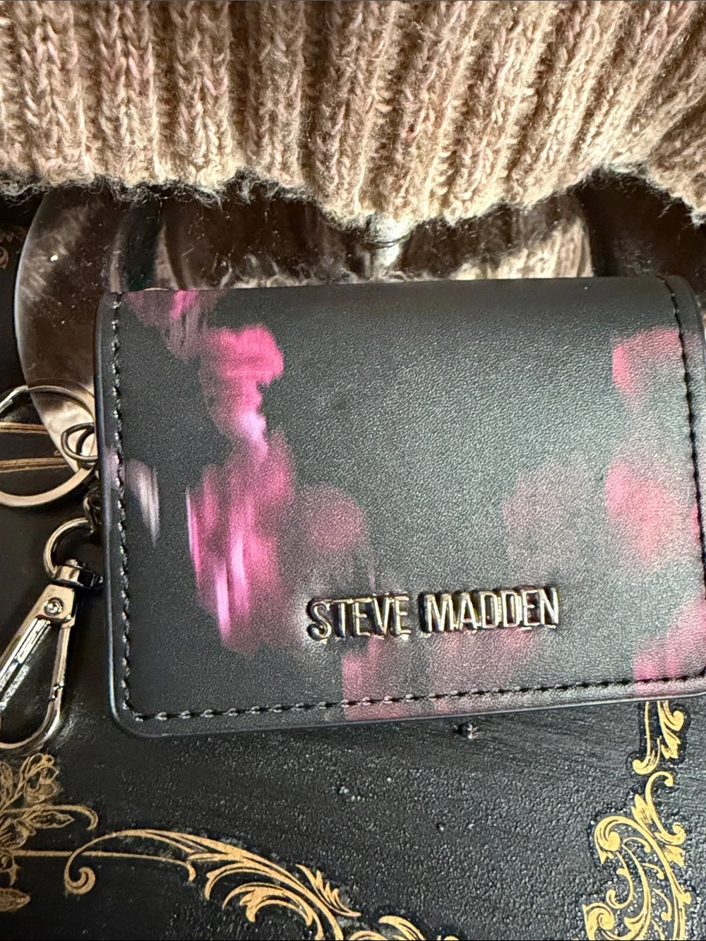 Steve Madden Black and Pink Key Pouch with Logo Detail